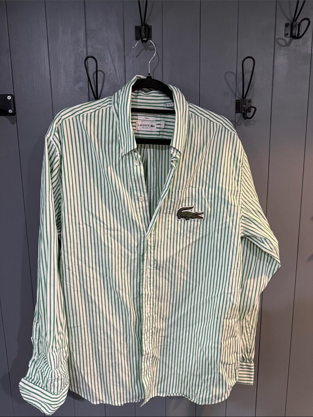 Lacoste Green & White Vertical Stripe Button-Up Shirt